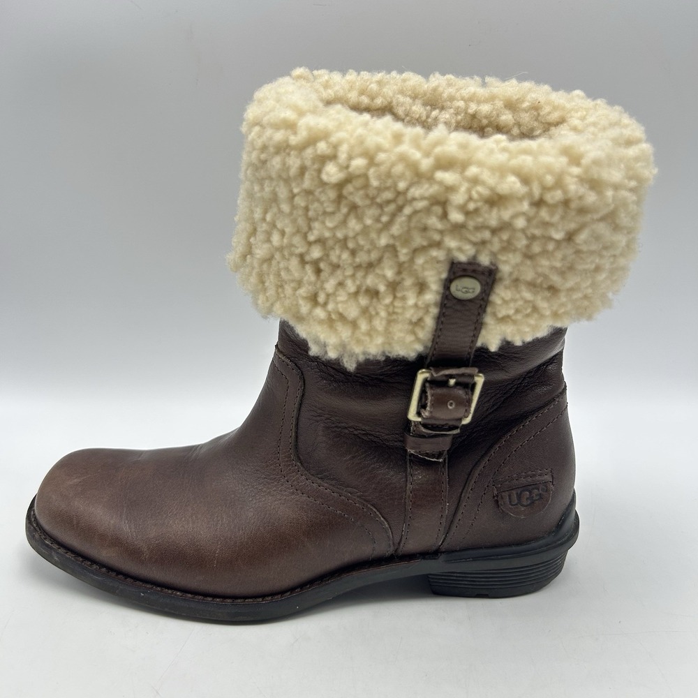 Ugg Australia Bellevue Shearling Boots Womens 5.5 Brown Leather Fold Cuff Boot